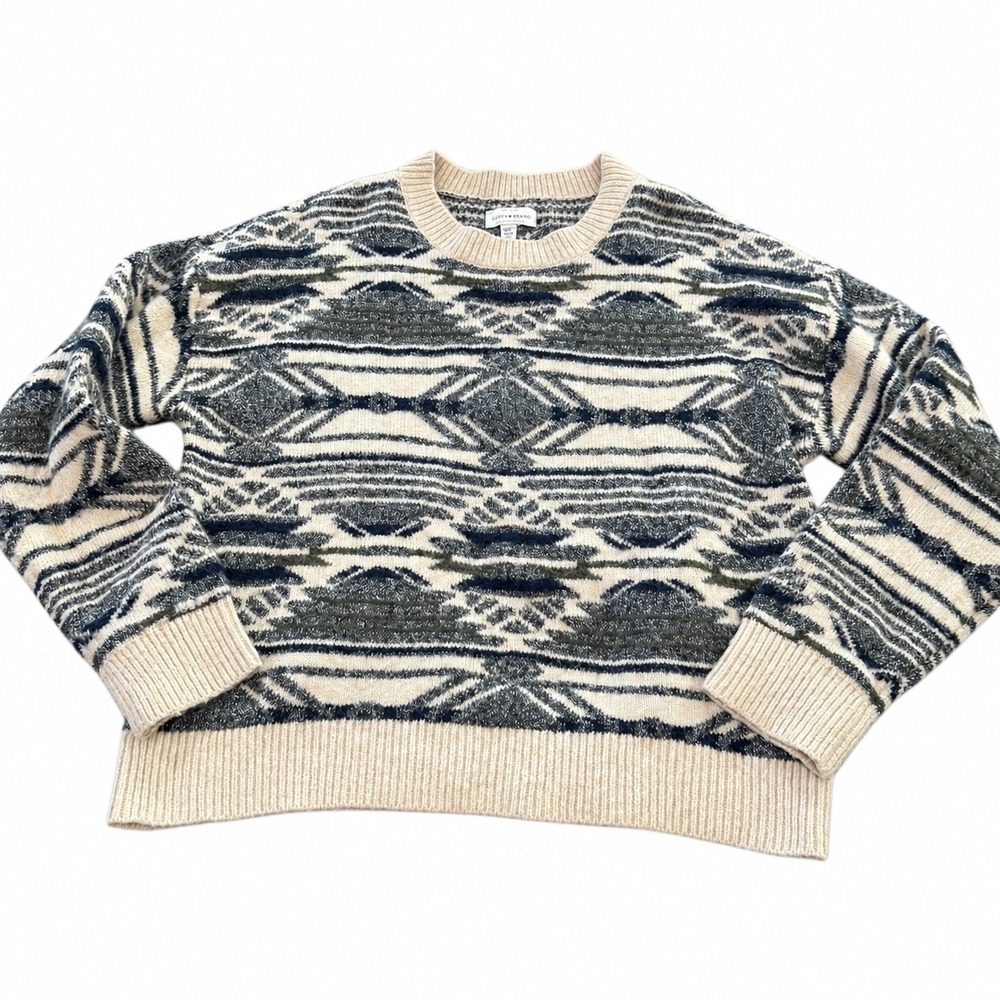 Lucky Brand M Geometric Fair Isle Sweater Cream Black Cozy Cabincore Nordic